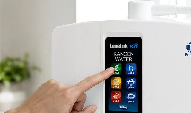 Un doigt sélectionnant de l'eau sur l'écran tactile couleur du K8